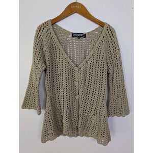 Vtg Open Knit Cardigan S/M Wood Button Crochet Fairy Festival Y2K Cottagecore